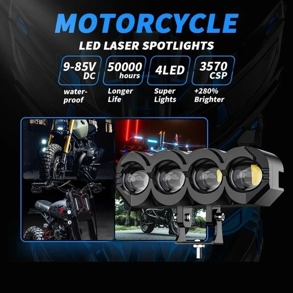 Motosiklet 4 Led Lazer Sis Farı 2 ADET Delici Beyaz Sarı Çift Renk Metal Baykuş Led Işık - 8