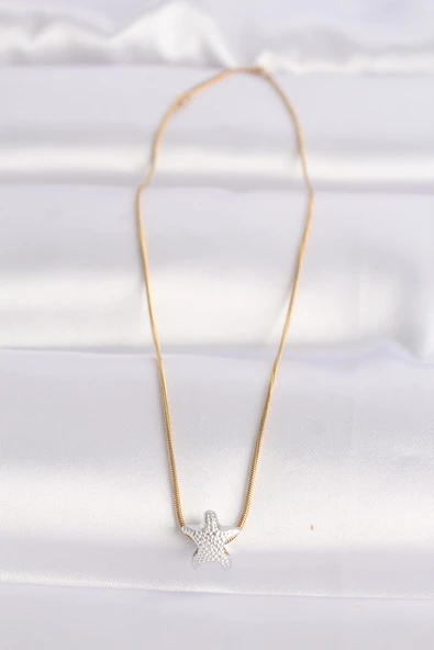 316L Çelik Zincir Altın Renk Zincirli Gümüş Renk Deniz Yıldızı Tasarımlı Kolye - TJ-BKO8607 - 3