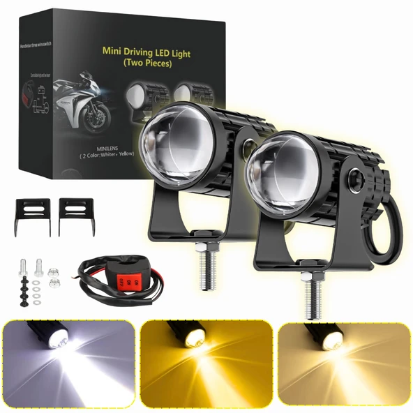 Motosiklet Scooter Mini Sis Farı Set Delici Işık Beyaz Sarı Metal Kasa 12V/24V Led Işık