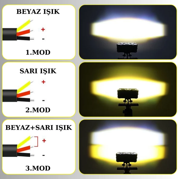 Motosiklet Scooter Sis Farı 3 Mod Delici Işık Beyaz Sarı Metal Kasa 12V/24V Led Işık 2 ADET - 3