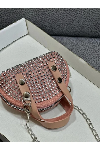pudra Süet Kumaş, Tek Bölmeli, Zincir Askılı,Fermuarlı, Taşlı, Mini El Ve Omuz Çantası 10 cm - 3
