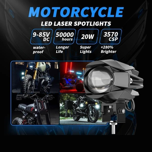 Motosiklet Led Lazer Sis Farı 2 ADET Delici Modifiye Beyaz Sarı Çift Renk 12-80 Volt - 7