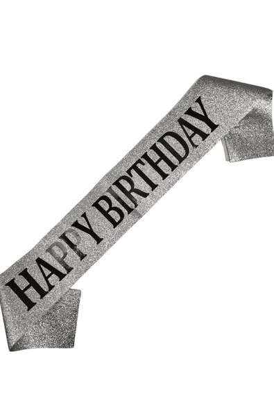 Happy Bırthday Siyah Yazılı Simli Gümüş Lüks Saten Kuşak