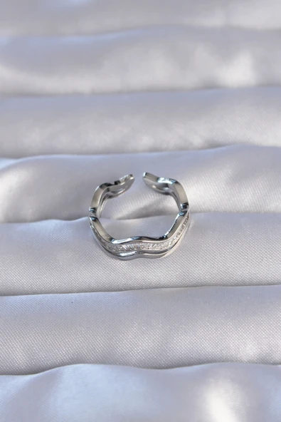 Pirinç Gümüş Renk Zirkon Taşlı Dalgalı Su Yolu Model Ayarlanabilir Yüzük - TJ-BYK3208 - 3