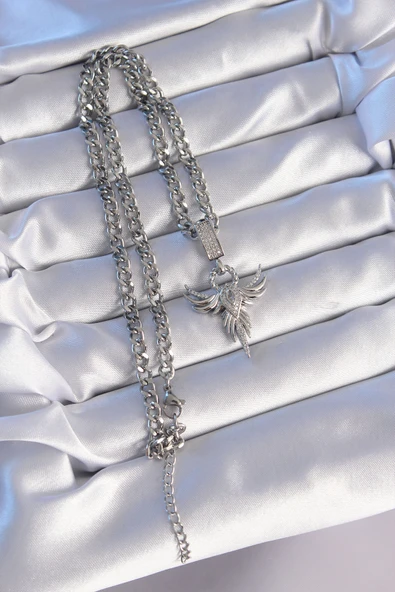 316L Çelik Gümüş Renk Zirkon Taşlı Anka Kuşu Model Kolye - TJ-BKO8896 - 3