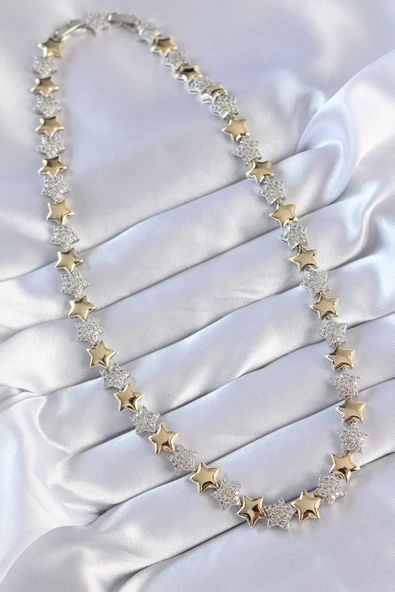 Vip Seri Pirinç Çift Renk Zirkon Taşlı Yıldız Tasarımlı Kolye - TJ-BKO8871 - 2