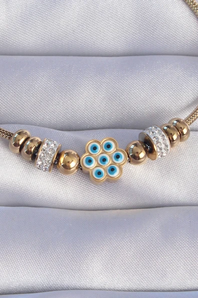 316L Çelik Gold Renk Zirkon Taşlı Nazarlı Çiçek Tasarımlı Bileklik - TJ-BB6201 - 2