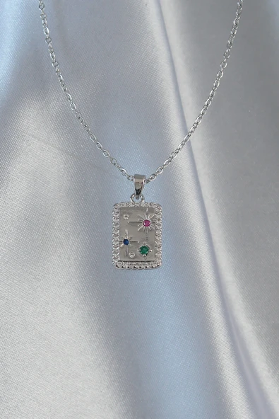 316L Çelik Zincir Gümüş Renk Renkli Zirkon Taşlı Vintage Kolye - TJ-BKO8910 - 2