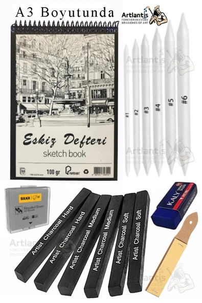 Sıkıştırılmış Kömür Füzen ve A3 Eskiz Defteri 1 Paket Siyah Kare Press Kömür Füzen Yassı Çizim Gölgelendirme Grafit