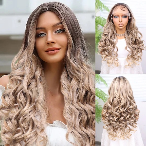 Kumral Platin Ombre Bebek Saçlı Fiber Sentetik Yoğun Dalgalı Tül Peruk - 1