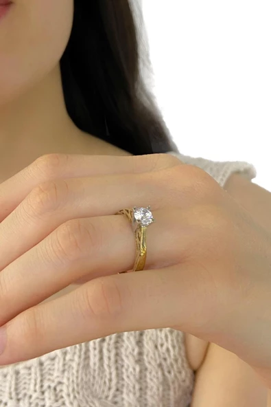 8 Ayar Altın Özel Montür 5 mm Zirkon Tektaş Yüzük - 2