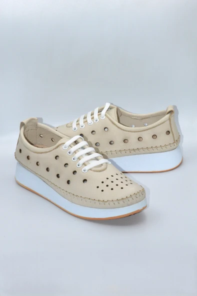 Kadın Hakiki Deri Bej Delikli Günlük Casual Ayakkabı - ZK-00 - 5