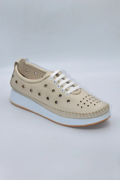 Kadın Hakiki Deri Bej Delikli Günlük Casual Ayakkabı - ZK-00 - 2