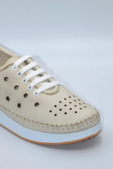 Kadın Hakiki Deri Bej Delikli Günlük Casual Ayakkabı - ZK-00 - 3