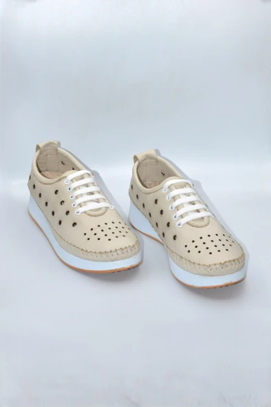 Kadın Hakiki Deri Bej Delikli Günlük Casual Ayakkabı - ZK-00 - 4