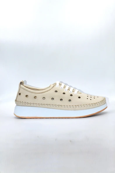 Kadın Hakiki Deri Bej Delikli Günlük Casual Ayakkabı - ZK-00