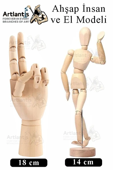 Ahşap İnsan Modeli 14 cm ve El Modeli 18 cm 1 Paket Hareketli  İnsan ve El Manken Maketi Esnek Çizim Modeli