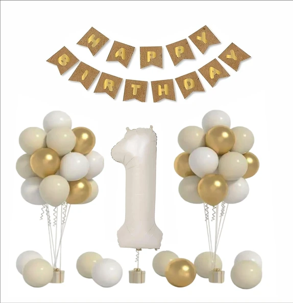 1 YAŞ KRAFT TEMA GOLD ,BEYAZ, KUM BALON+ BANER SETİ