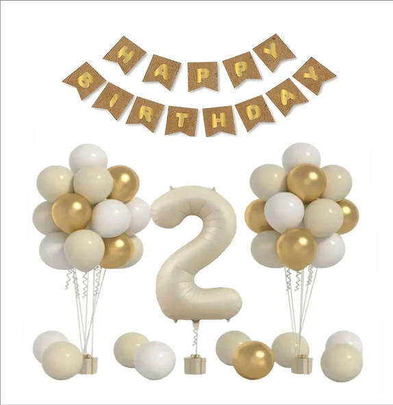 2 YAŞ KRAFT TEMA GOLD ,BEYAZ, KUM BALON+ BANER SETİ