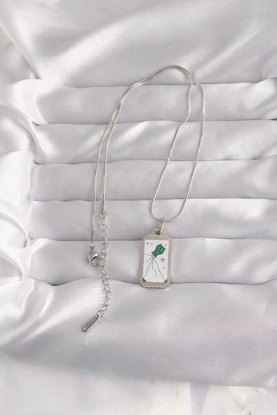 316L Çelik Özel Seri  Gümüş Renk Beyaz Mineli Tarot Kolye - 2
