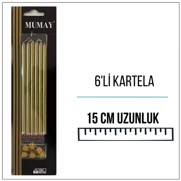 METALİK GOLD RENK UZUN MUM 15 CM 6'LI ürün görseli 1