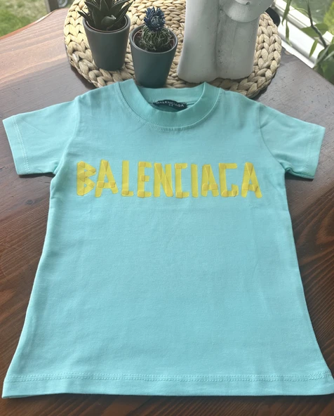 "Balenciaga" Baskılı Çocuk Tişört – Turkuaz - 3