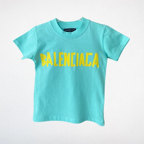 "Balenciaga" Baskılı Çocuk Tişört – Turkuaz