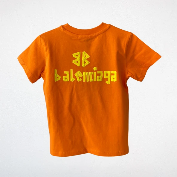 "Balenciaga" Baskılı Çocuk Tişört – Turuncu - 2