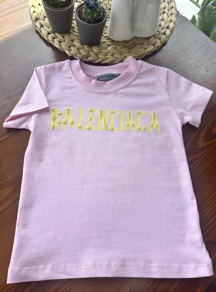 "Balenciaga" Baskılı Çocuk Tişört – Pembe