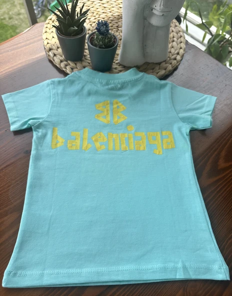 "Balenciaga" Baskılı Çocuk Tişört – Turkuaz - 4