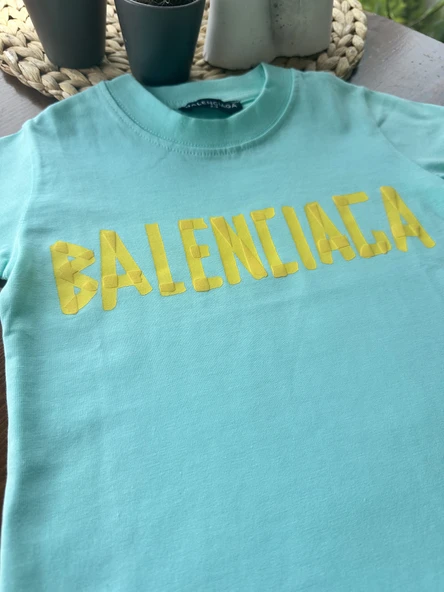 "Balenciaga" Baskılı Çocuk Tişört – Turkuaz - 5