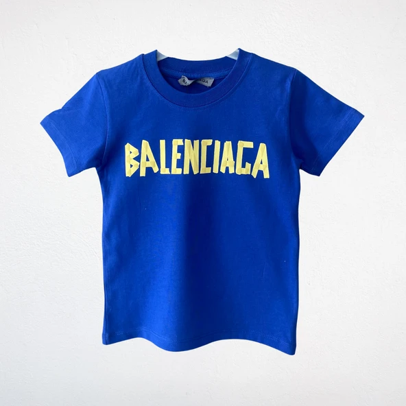"Balenciaga" Baskılı Çocuk Tişört – Saks Mavi