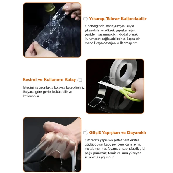 Duvara Tablo Albüm Obje Dekor Asmak Için Iz Bırakmaz Çift Taraflı Nano Bant 1 Mt Güçlü Yapıştırıcı - Resim 4