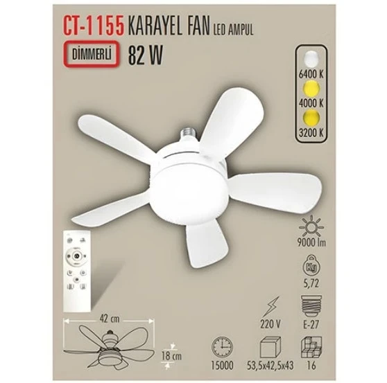 CATA Karayel Fan 82w Ledli E-27 Duy a Takılabilen 5 Kanatlı Kumandalı Tavan Vantilatörü - 2
