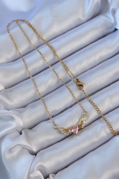 316L Çelik Zincir Altın Renk Kanatlı Pembe Zirkon Taşlı Kalp Kolye - TJ-BKO9121 - 2