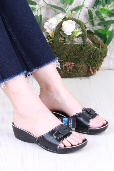 Ceyo Minelli Topuklu Siyah Ortapedik Dolgu Topuk Kadın Terlik ürün görseli