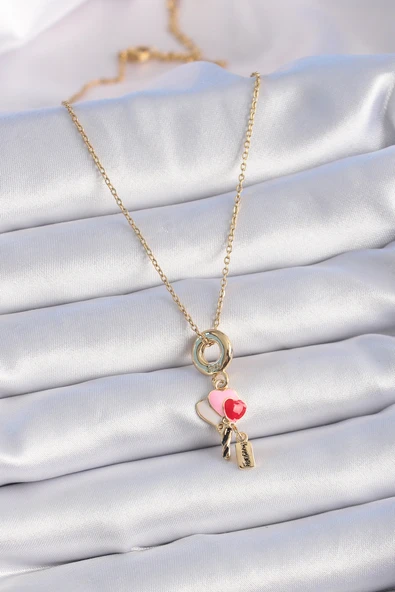 316L Çelik Gold Renk Renkli Kalp Figür Charm Model Kadın Kolye - TJ-BKO9320 - 2
