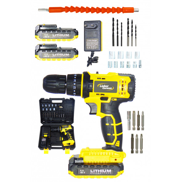 Lieber German Teknoloji Metal Şanjumanlı 48 V 6 Ah Çift Akülü Darbeli Vidalama Matkap 27 Pcs Usta Seti