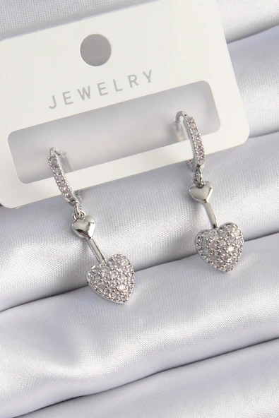 Pirinç Gümüş Renk Zirkon Taşlı Sallantı Kalp Model Kadın Küpe - TJ-BKP9535
