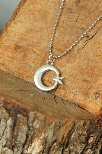 Gümüş Renk Krom Kaplama Kararmaz Ay Yıldız Tasarım Metal Erkek Kolye