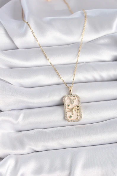 316L Çelik Gold Renk Zincir Boğa Burcu Zirkon Taşlı Kadın Kolye - TJ-BKO9466 - 2