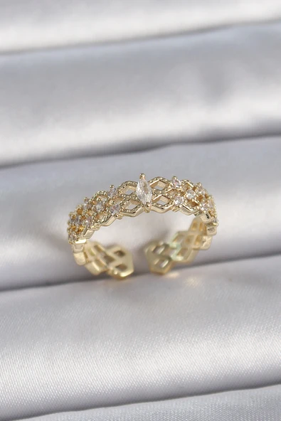 Pirinç Gold Renk Zirkon Taşlı Zikzak Ayarlanabilir Model Kadın Yüzük - TJ-BYK3354 - 1