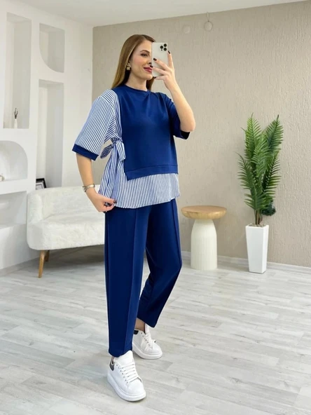 Kadın Kristal 2 Iplik Kumaş Yanları çizgili Takım