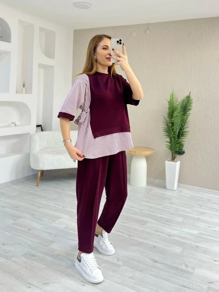 Kadın Kristal 2 Iplik Kumaş Yanları çizgili Takım