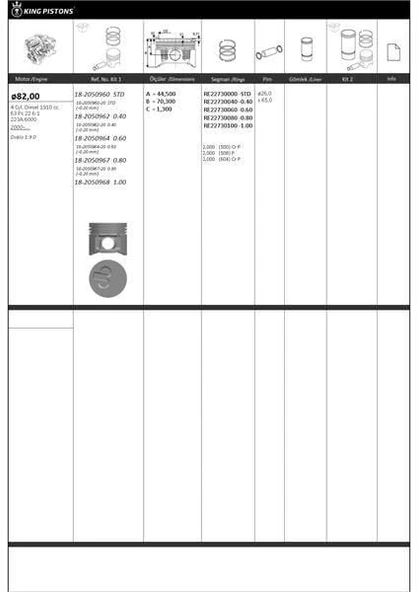 MOTOR PISTON+SEGMAN [ RIKEN ] 82.00 MM [+ 0.60] FIAT DOBLO 1.9D 188A3 [0.20 KISA] #### KINGPISTON 18-2050964-20 - 1