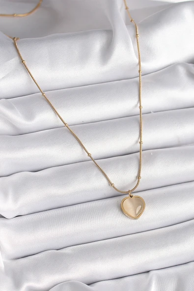 316L Çelik Gold Renk Kedi Gözü Sedefli Kalp Model Kadın Kolye - TJ-BKO9549 - 2