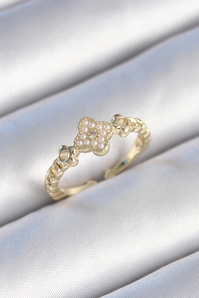 Pirinç Gold Renk İncili Yonca Model Zirkon Taş Detay Kadın Yüzük - TJ-BYK3438