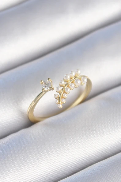 Pirinç Gold Renk Zirkon Taşlı İncili Yaprak Model Kadın Yüzük - TJ-BYK3452