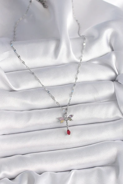 316L Çelik Gümüş Renk Zincir Renkli Zirkon Taşlı Yusufçuk Model Kadın Kolye - TJ-BKO9568 - 2