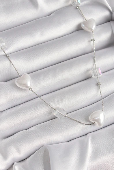 Pirinç Gümüş Renk Beyaz İnci Kalp Model Kadın Kolye - TJ-BKO9624